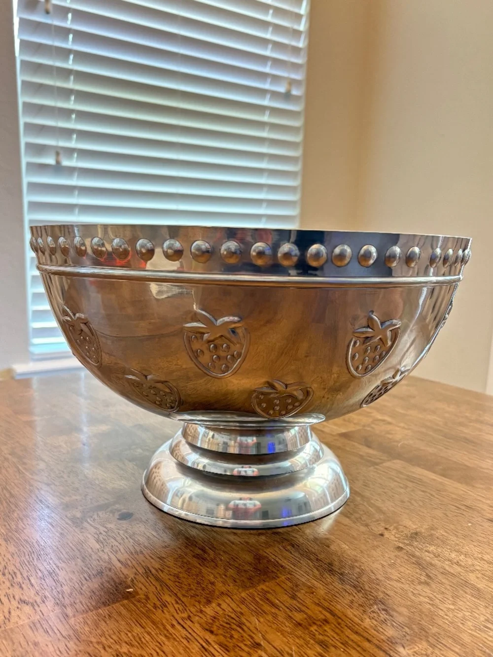 Vintage Large Deep Aluminum Textured Strawberry Fruit Salad Serving Bowl
